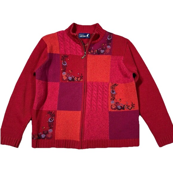 Vintage Tulchan Women's Large Zip Cardigan 100% Wool Red Floral Embroidered Fall - Picture 1 of 8